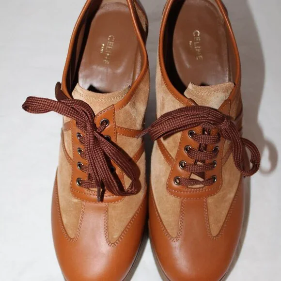 Celine Wedge Lace Up Pumps Loafers Manon Suede Leather 40 - Picture 5 of 9